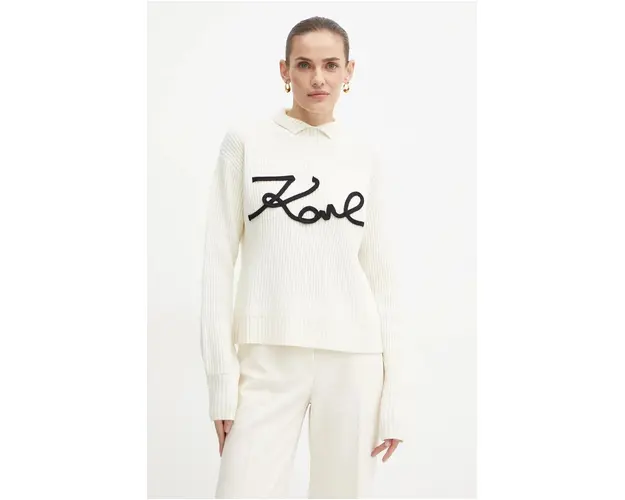 Karl Lagerfeld pulover de lana femei, culoarea bej, calduros, cu turtleneck, 246W2000