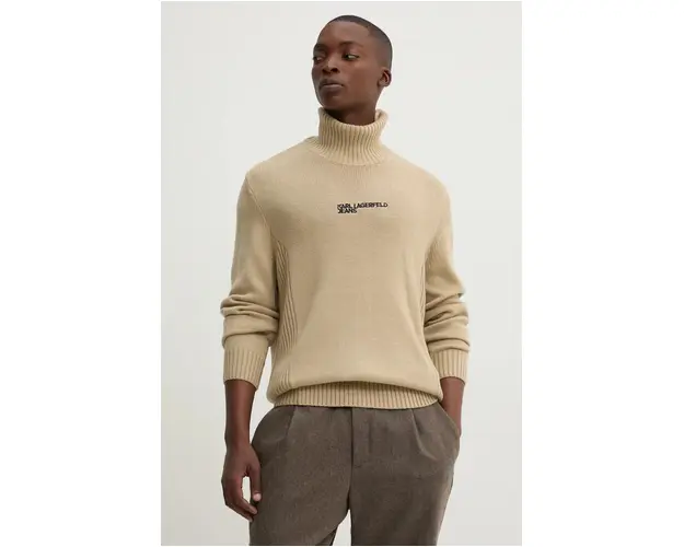 Karl Lagerfeld Jeans pulover de lana barbati, culoarea bej, light, cu guler