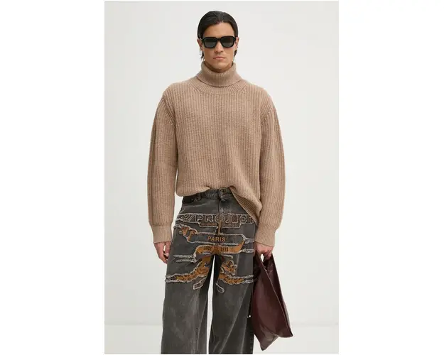 Won Hundred pulover de lana barbati, culoarea bej, cu guler, 3446-11091