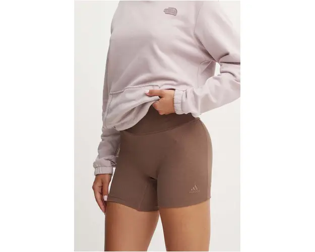 adidas pantaloni scurti All SZN femei, culoarea maro, neted, high waist, IY6742