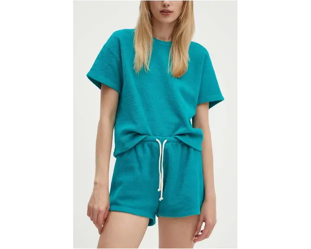 American Vintage pantaloni scurti din bumbac culoarea turcoaz, neted, high waist, BOBY09AH24