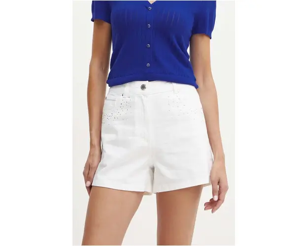 Morgan pantaloni scurti jeans SHEZEL femei, culoarea bej, cu imprimeu, high waist, SHEZEL