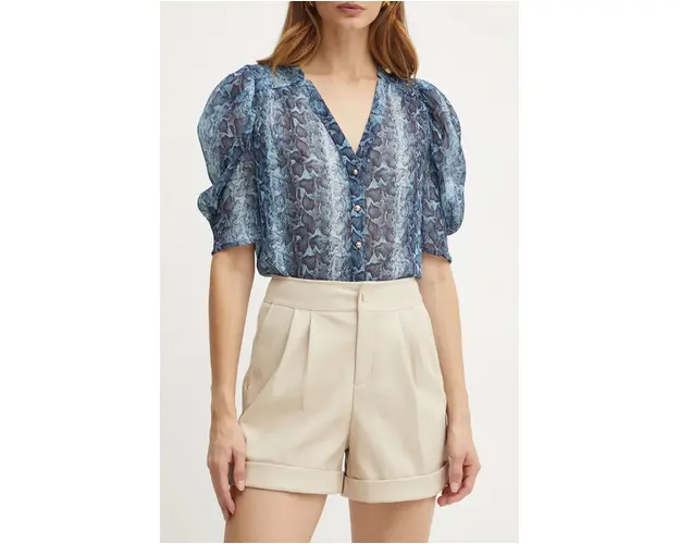 Morgan pantaloni scurti SHILOM femei, culoarea bej, neted, high waist, SHILOM