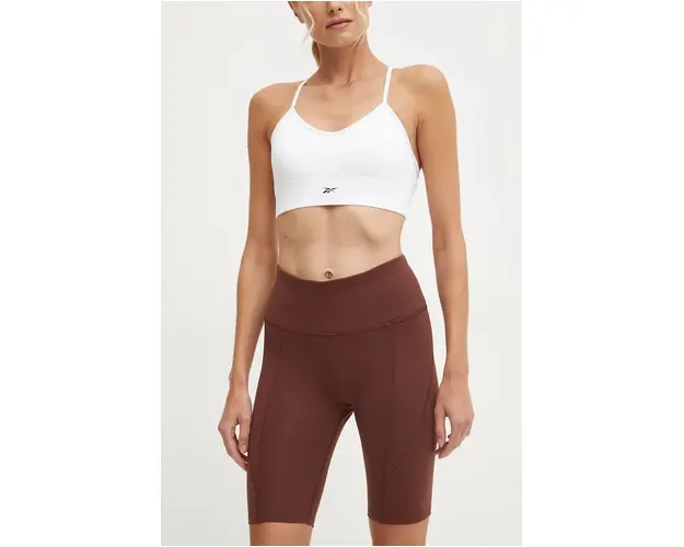 Reebok pantaloni scurti LUX Collection femei, culoarea maro, neted, high waist, 100205597