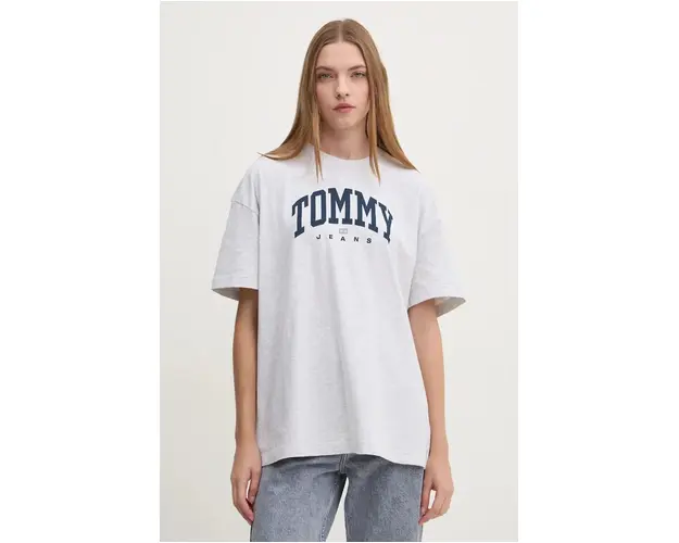 Tommy Jeans tricou din bumbac femei, culoarea gri, DW0DW18403
