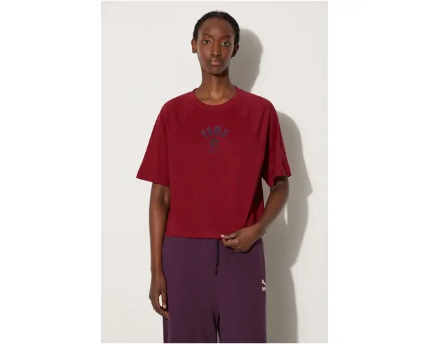 Puma tricou din bumbac Classics Play Paris Relaxed Tee femei, culoarea bordo, 626808