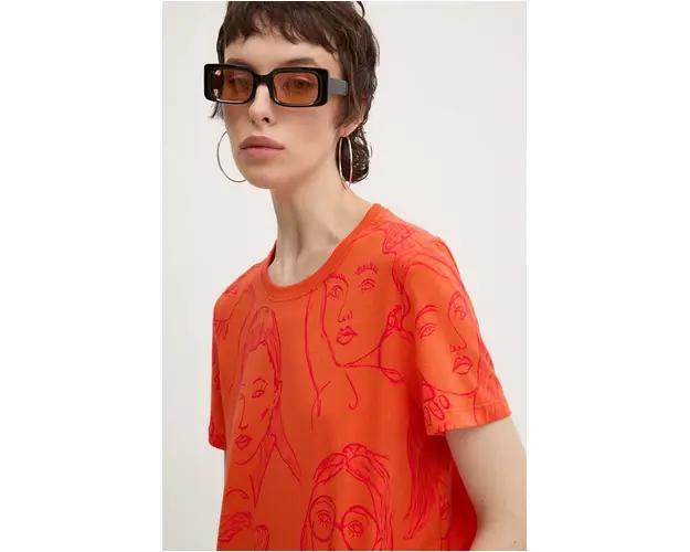 Desigual tricou din bumbac CARAS femei, culoarea portocaliu, 24WWTK54