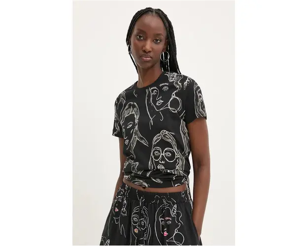 Desigual tricou din bumbac CARAS femei, culoarea negru, 24WWTK54