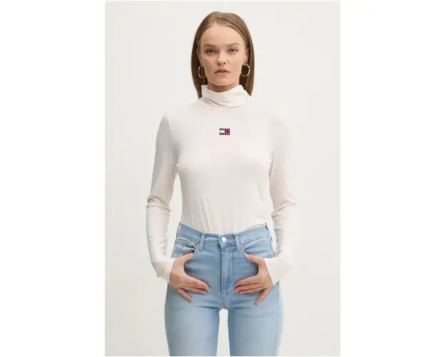 Tommy Jeans longsleeve femei, culoarea bej, cu guler, DW0DW18806