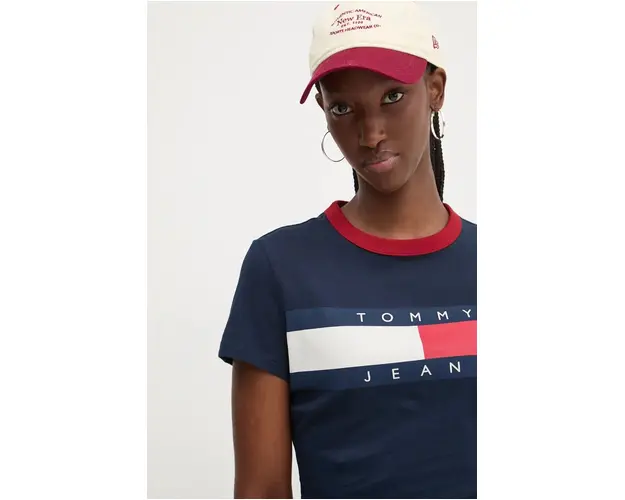 Tommy Jeans tricou din bumbac femei, culoarea albastru marin, DW0DW19044