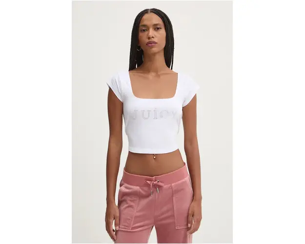 Juicy Couture top REGAL SQUARE NECK CROPPED TEE femei, culoarea alb, JCBCT224831