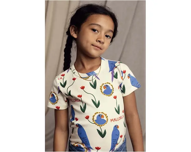 Mini Rodini tricou de bumbac pentru copii Parrots culoarea bej, modelator