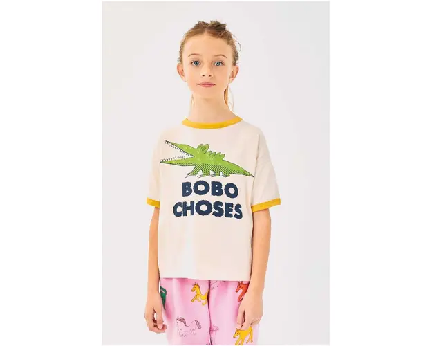 Bobo Choses tricou de bumbac pentru copii Talking Crocodile culoarea bej, cu imprimeu, 224AC002