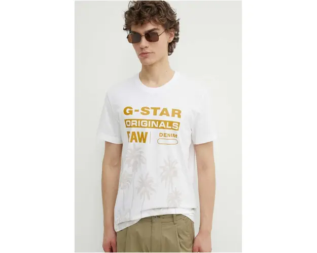 G-Star Raw tricou din bumbac barbati, culoarea alb, cu imprimeu, D24681-336