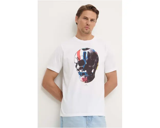 PS Paul Smith tricou din bumbac barbati, culoarea alb, cu imprimeu, M2R.011R.NP4685
