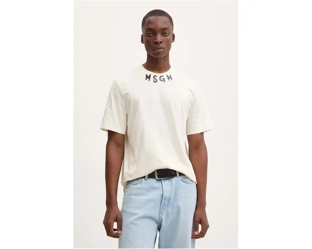 MSGM tricou din bumbac barbati, culoarea bej, cu imprimeu, 3740MM102.247798