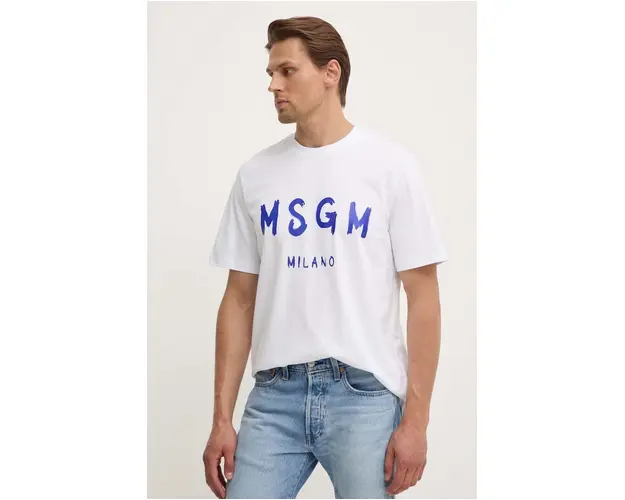 MSGM tricou din bumbac barbati, culoarea alb, cu imprimeu, 3440MM510.237002