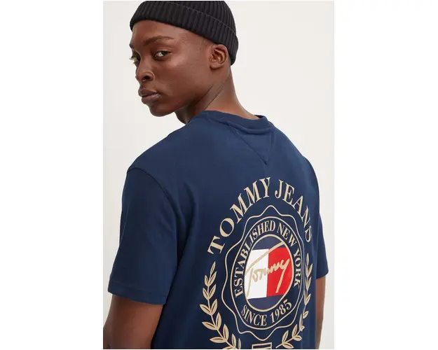 Tommy Jeans tricou din bumbac barbati, culoarea albastru marin, cu imprimeu, DM0DM18540