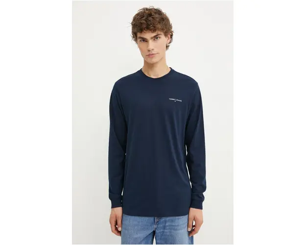 Tommy Jeans longsleeve din bumbac culoarea albastru marin, cu imprimeu, DM0DM18551