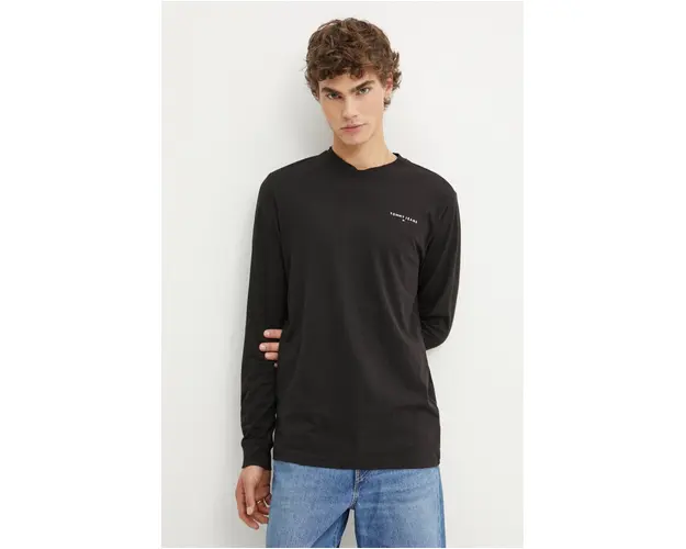 Tommy Jeans longsleeve din bumbac culoarea negru, cu imprimeu, DM0DM18551