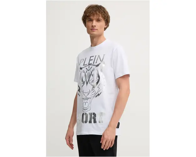 PLEIN SPORT tricou din bumbac barbati, culoarea alb, cu imprimeu, AADC MTK7946 STE001N