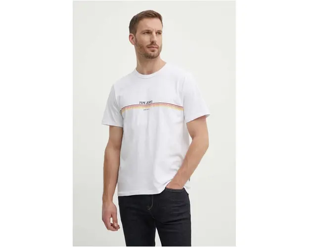 Pepe Jeans tricou din bumbac ADUR barbati, culoarea alb, cu imprimeu, PM509427
