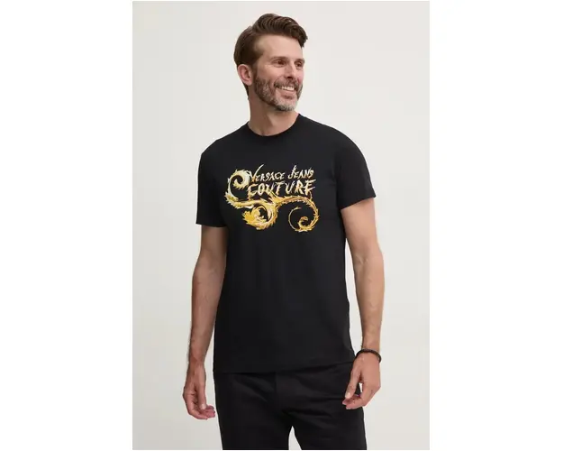 Versace Jeans Couture tricou din bumbac barbati, culoarea negru, cu imprimeu, 77GAHC00 CJ01C