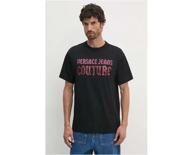 Versace Jeans Couture tricou din bumbac barbati, culoarea negru, cu imprimeu, 77GAHL00 CJ01L