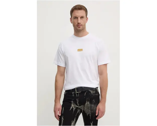 Versace Jeans Couture tricou din bumbac barbati, culoarea alb, cu imprimeu, 77GAHT08 CJ00T