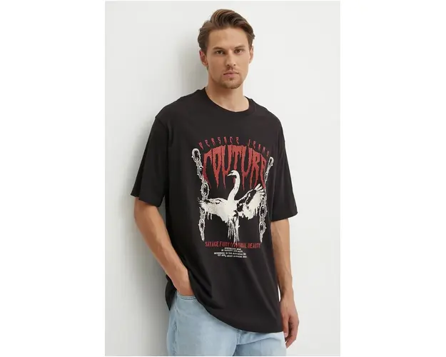 Versace Jeans Couture tricou din bumbac barbati, culoarea negru, cu imprimeu, 77GAHG01 CJ00G