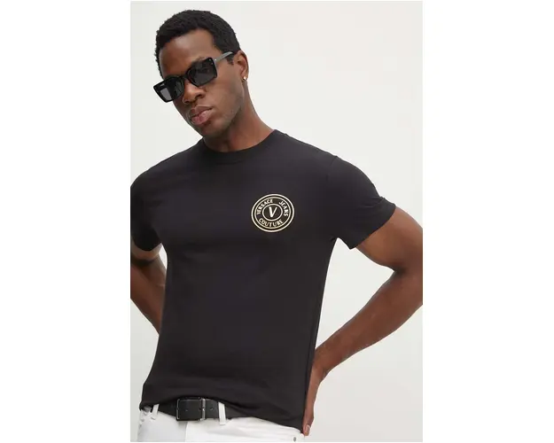 Versace Jeans Couture tricou din bumbac barbati, culoarea negru, cu imprimeu, 77GAHT00 CJ00T