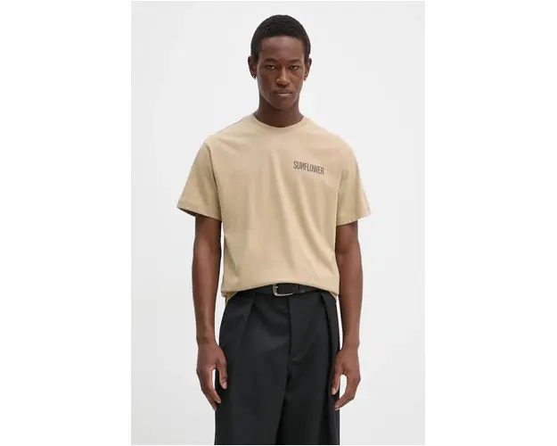 Sunflower tricou din bumbac barbati, culoarea bej, cu imprimeu, 2041