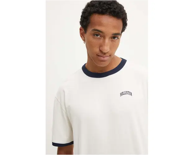 Hollister Co. tricou din bumbac barbati, culoarea bej, cu imprimeu, KI323-4041