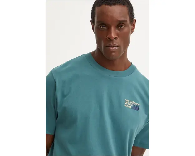 New Balance tricou din bumbac Athletics Premium Logo barbati, culoarea verde, cu imprimeu, MT41908NUS