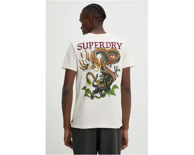Superdry tricou din bumbac barbati, culoarea bej, cu imprimeu, M1012012A-22C