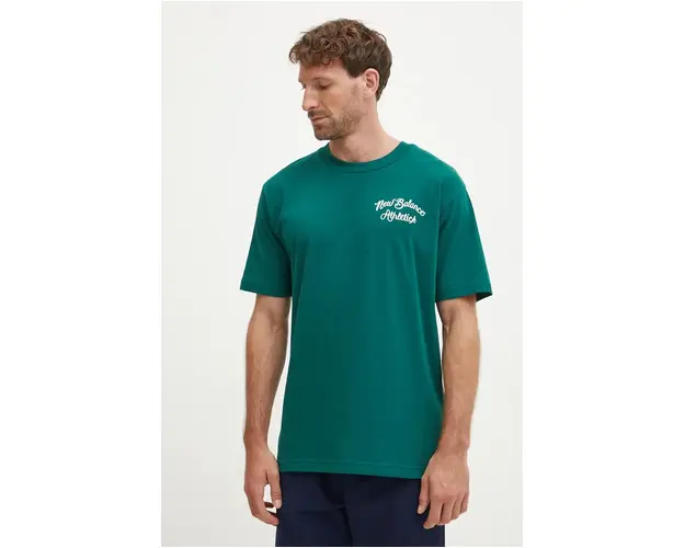 New Balance tricou din bumbac barbati, culoarea verde, cu imprimeu, MT43556MHN