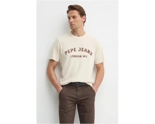 Pepe Jeans tricou din bumbac ALDRIDGE barbati, culoarea bej, cu imprimeu, PM509628