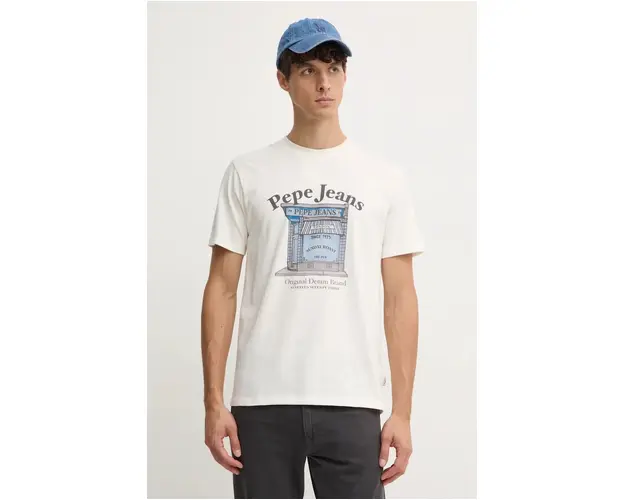 Pepe Jeans tricou din bumbac AGGO barbati, culoarea bej, cu imprimeu, PM509638
