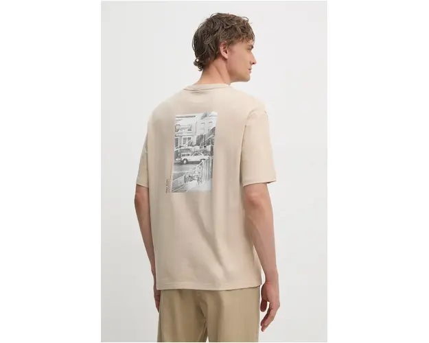 Pepe Jeans tricou din bumbac ASTONE barbati, culoarea bej, cu imprimeu, PM509646