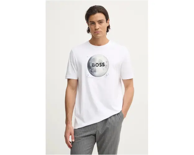 Boss Orange tricou din bumbac barbati, culoarea bej, cu imprimeu, 50528189