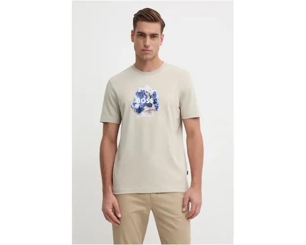 Boss Orange tricou din bumbac barbati, culoarea bej, cu imprimeu, 50528189