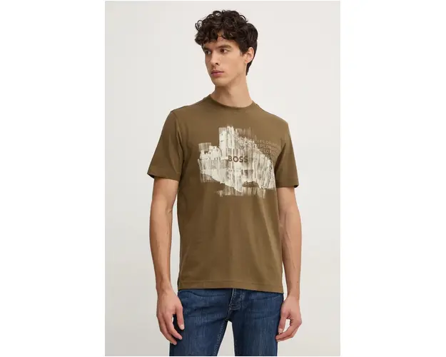 Boss Orange tricou din bumbac barbati, culoarea verde, cu imprimeu, 50528190