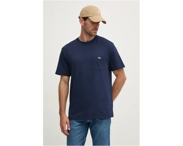 Lacoste tricou din bumbac barbati, culoarea albastru marin, neted, TH2827