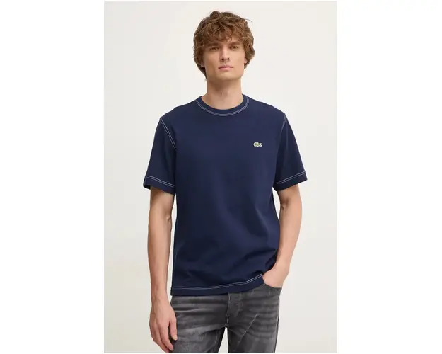 Lacoste tricou din bumbac barbati, culoarea albastru marin, neted, TH2829