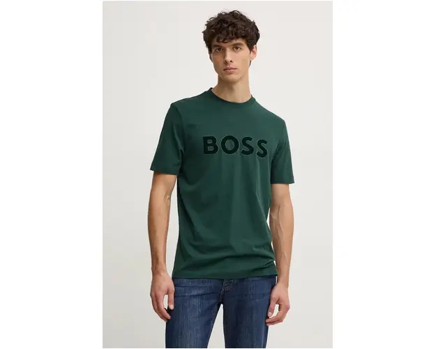 BOSS tricou din bumbac barbati, culoarea verde, cu imprimeu, 50527338
