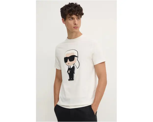 Karl Lagerfeld tricou din bumbac barbati, culoarea bej, cu imprimeu, 544250.755075