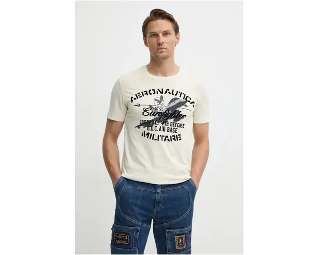 Aeronautica Militare tricou din bumbac barbati, culoarea bej, cu imprimeu, TS2343J634