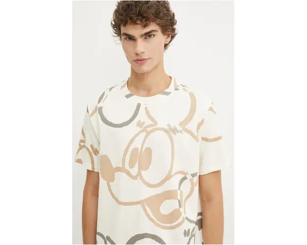 Desigual tricou din bumbac BEAU-MICKEY x Disney barbati, culoarea bej, modelator, 24WMTK31