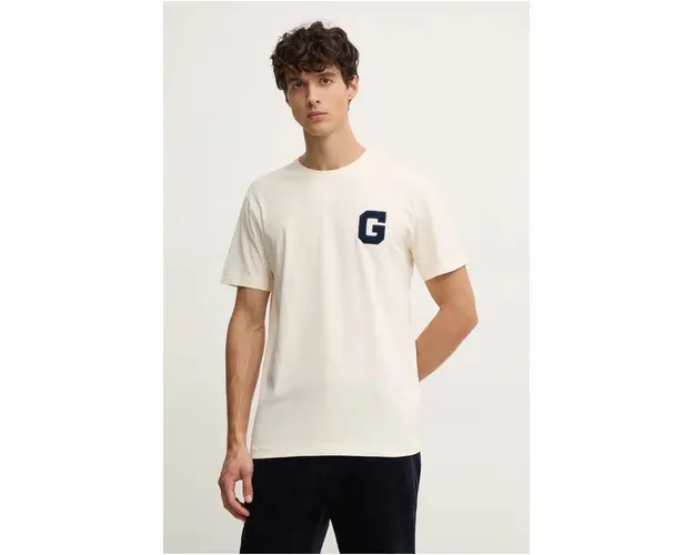 Gant tricou din bumbac barbati, culoarea bej, cu imprimeu, 2043022