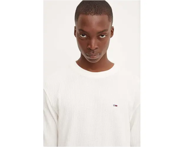 Tommy Jeans longsleeve barbati, culoarea bej, neted, DM0DM19216